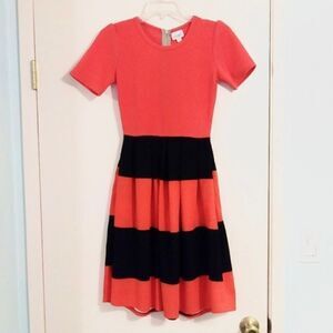 Lularoe Amelia Red and Black Striped Colorblock Midi Dress